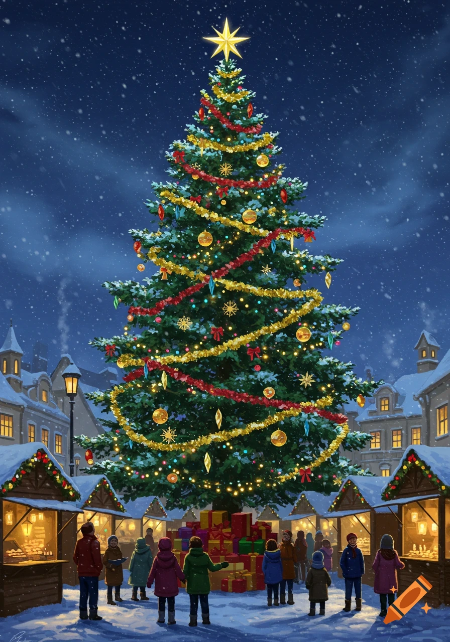 An illustrated scene of a giant Christmas tree in a snowy town square at night, surrounded by market stalls and children.