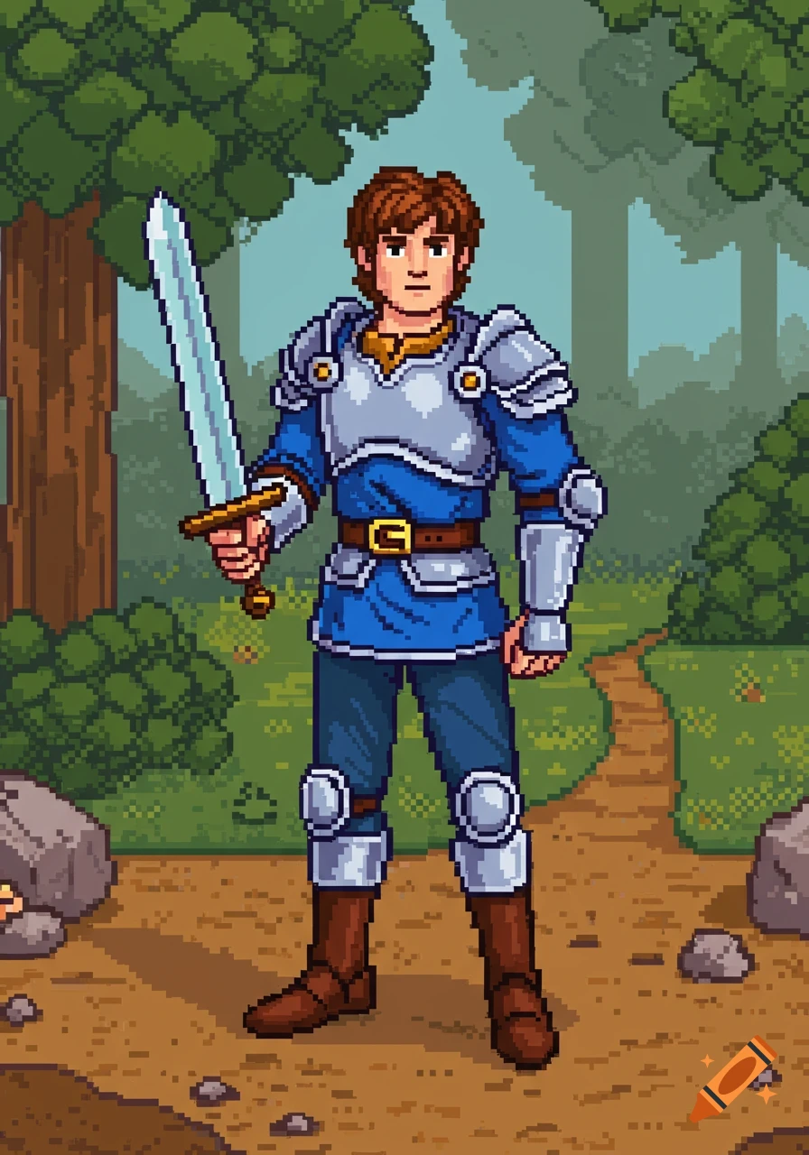 Pixel art of a male knight in blue and silver armor holding a sword on a forest path.