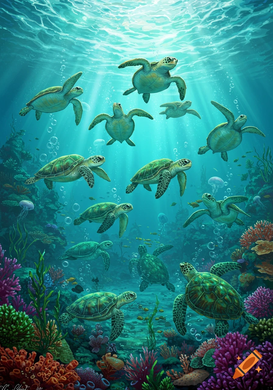 Many green sea turtles swim through a vibrant, sunlit coral reef underwater, illustrated in a colorful style.