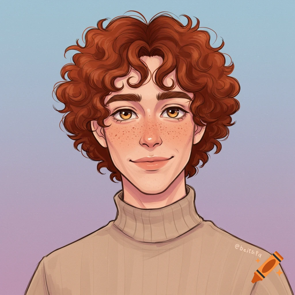An illustrated portrait of a young person with curly red hair, freckles, and yellow eyes, wearing a beige turtleneck against a gradient background.