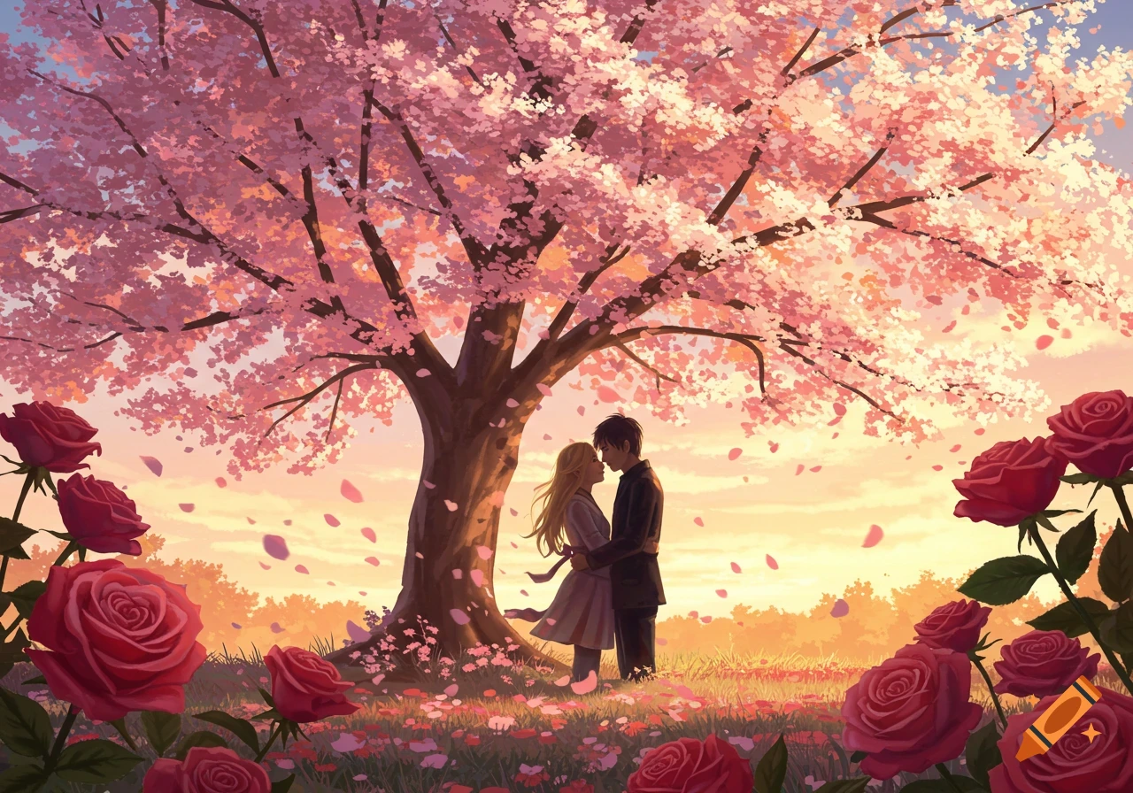 Anime illustration of a couple embracing under a cherry blossom tree with falling petals and red roses at sunset.