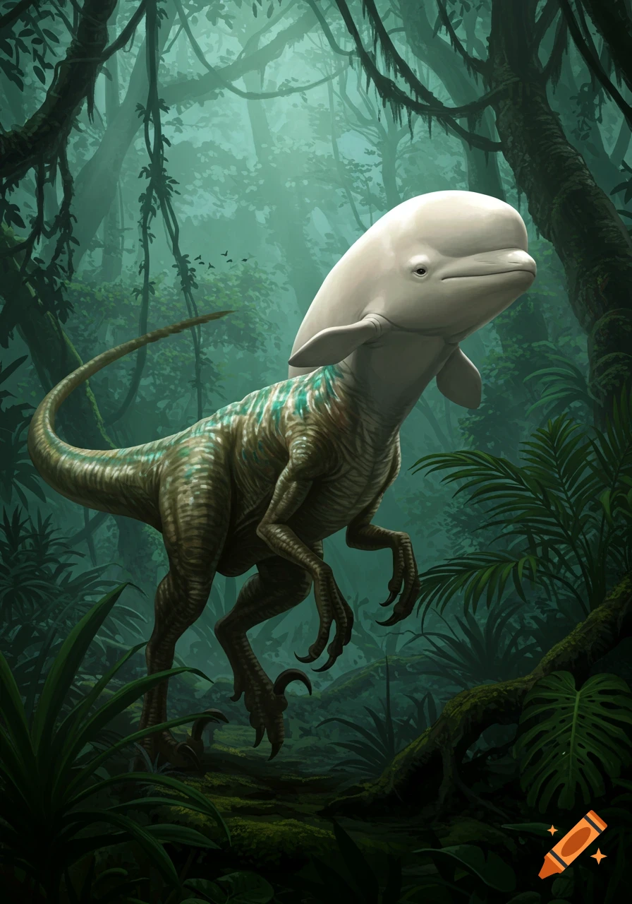 A white beluga whale head on a green and brown raptor body stands in a dark, misty jungle environment.