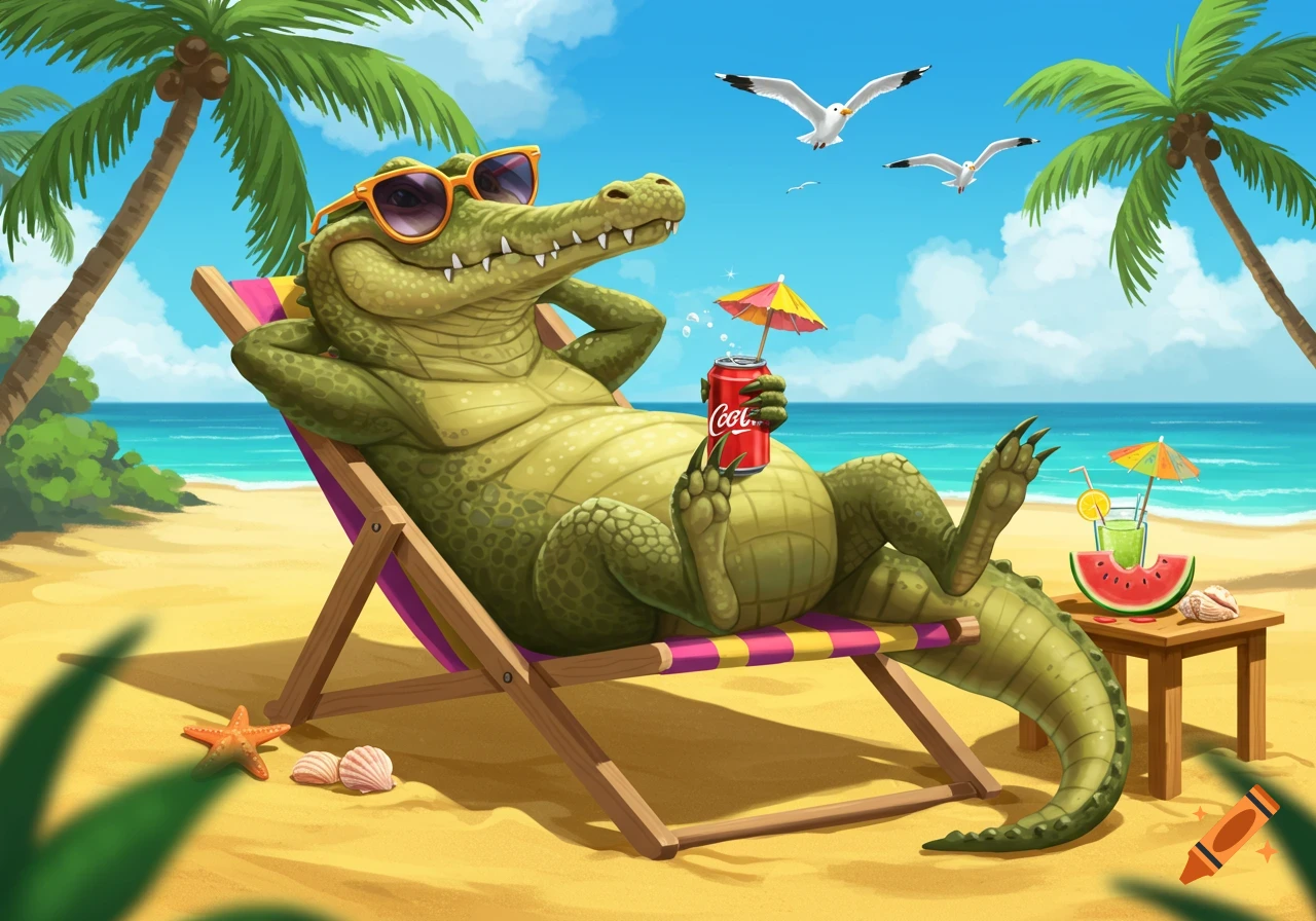 Cartoon crocodile in sunglasses lounging on a beach chair, holding a soda can. Palm trees, ocean, and seagulls in a sunny, tropical scene.