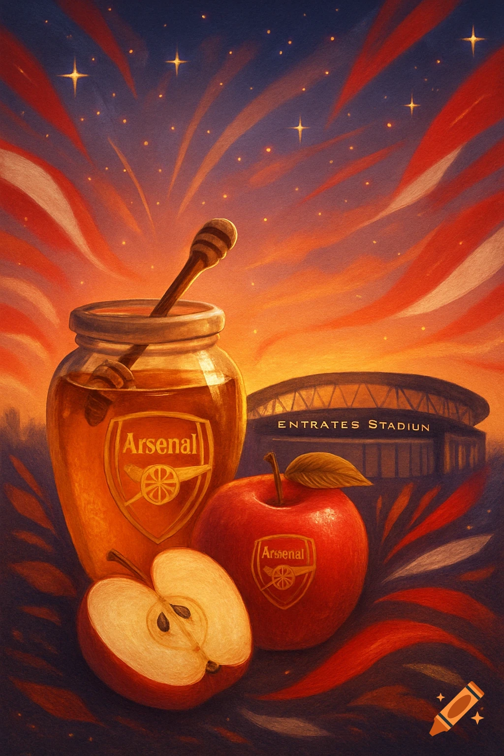 Painterly scene of a honey jar, apples with Arsenal logos, and a stadium under a starry sunset sky.