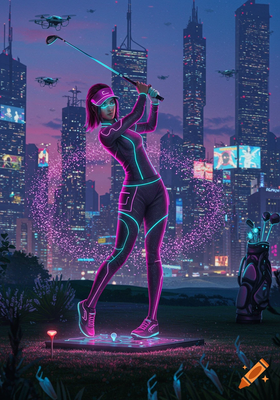 A female golfer in a neon-lit suit swings a club on a futuristic golf course with a cyberpunk city and drones in the background.