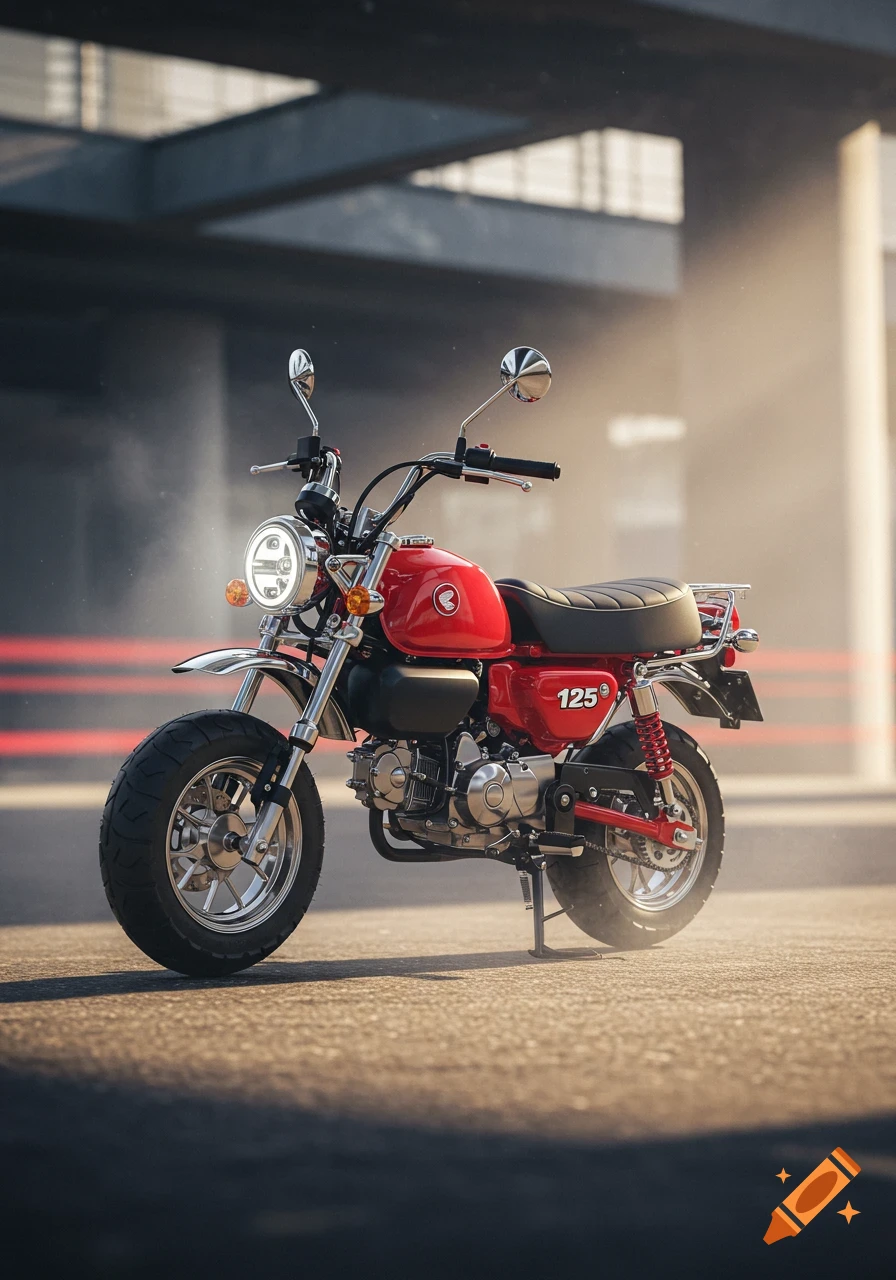 A red Honda Monkey 125 motorcycle with chrome accents parked on asphalt, bathed in sunlight.
