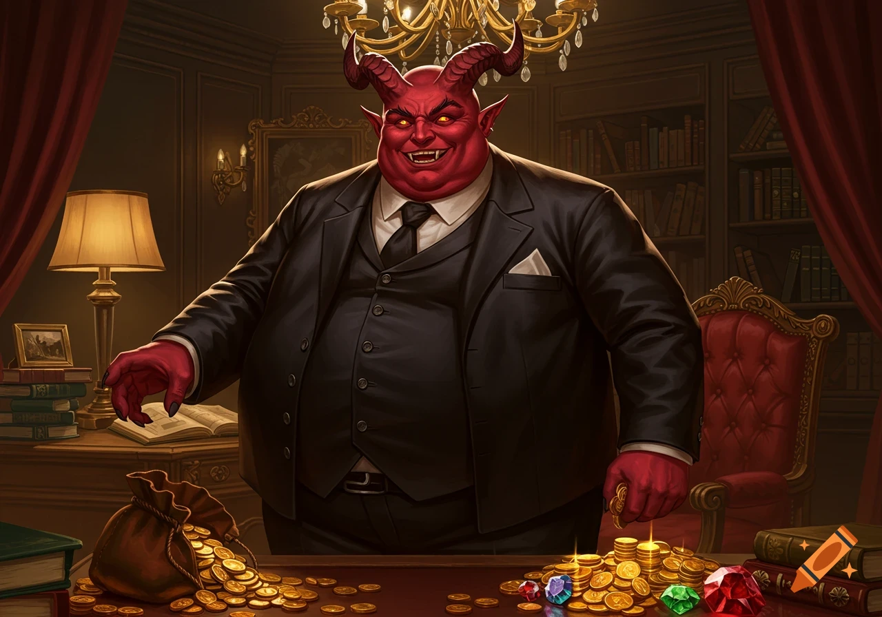 A fat red demon in a black suit with horns and glowing eyes smiles in an opulent room, surrounded by piles of gold coins and gems.