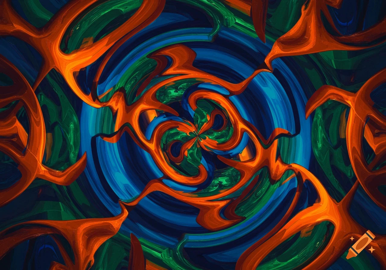 Vibrant abstract pattern with swirling orange, blue, and green shapes creating a kaleidoscopic effect.