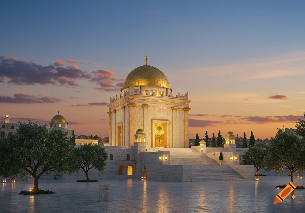 A grand golden-domed building with ornate white stone, flanked by stairs and trees, against a vibrant sunset sky.