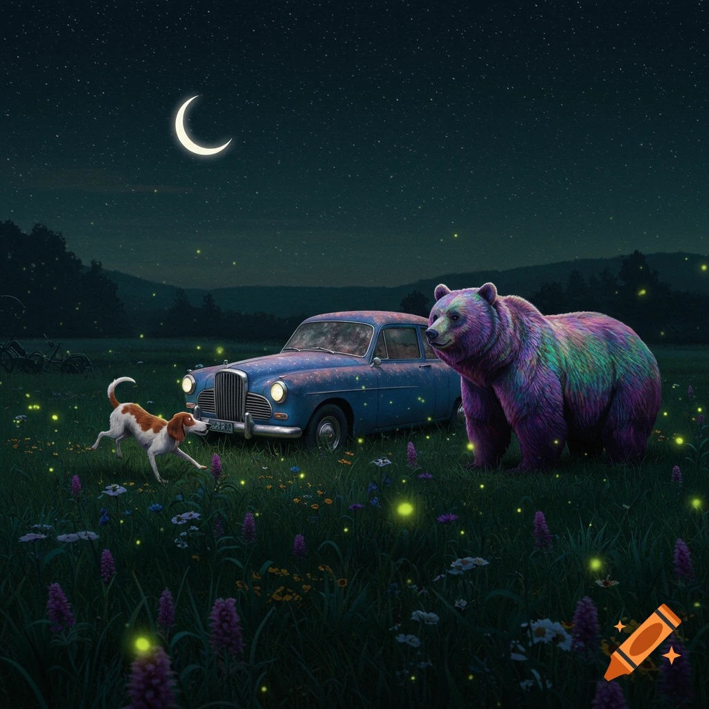 A surrealistic night scene with a moon, a dog, a blue vintage car, and a colorful bear in a field with fireflies.