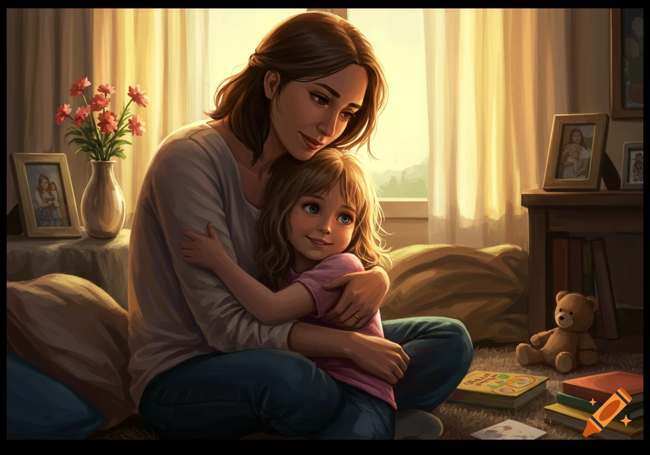 A heartwarming digital illustration of a mother embracing her young daughter, both smiling in a warmly lit room with window light, books, and a teddy bear.
