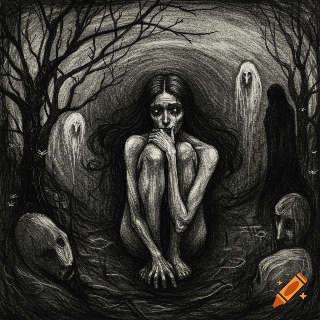 Charcoal drawing of a gaunt, distressed figure crouching amidst bare trees and ghostly apparitions in a dark, unsettling forest.