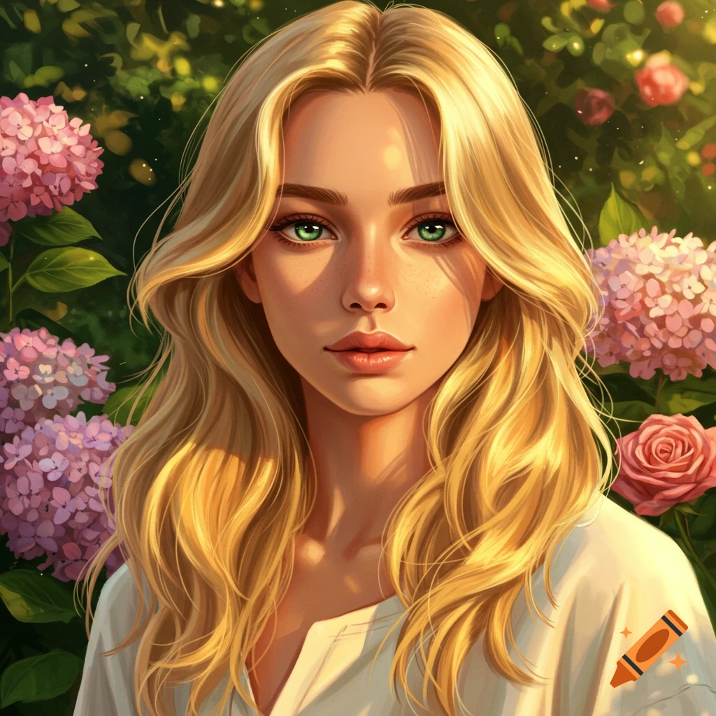 Digital painting of a blond woman with bright green eyes in a garden with pink hydrangeas and roses.