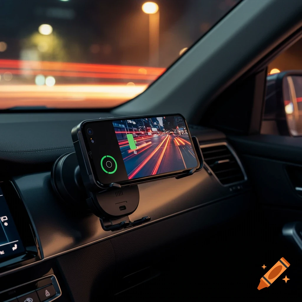 A smartphone in a car mount, showing a charging battery icon and city lights on its screen, inside a car at night.
