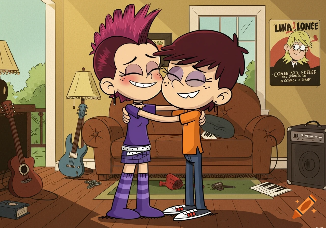 Luna Loud and another character with a purple mohawk hug lovingly in a cartoon-style living room filled with musical instruments.