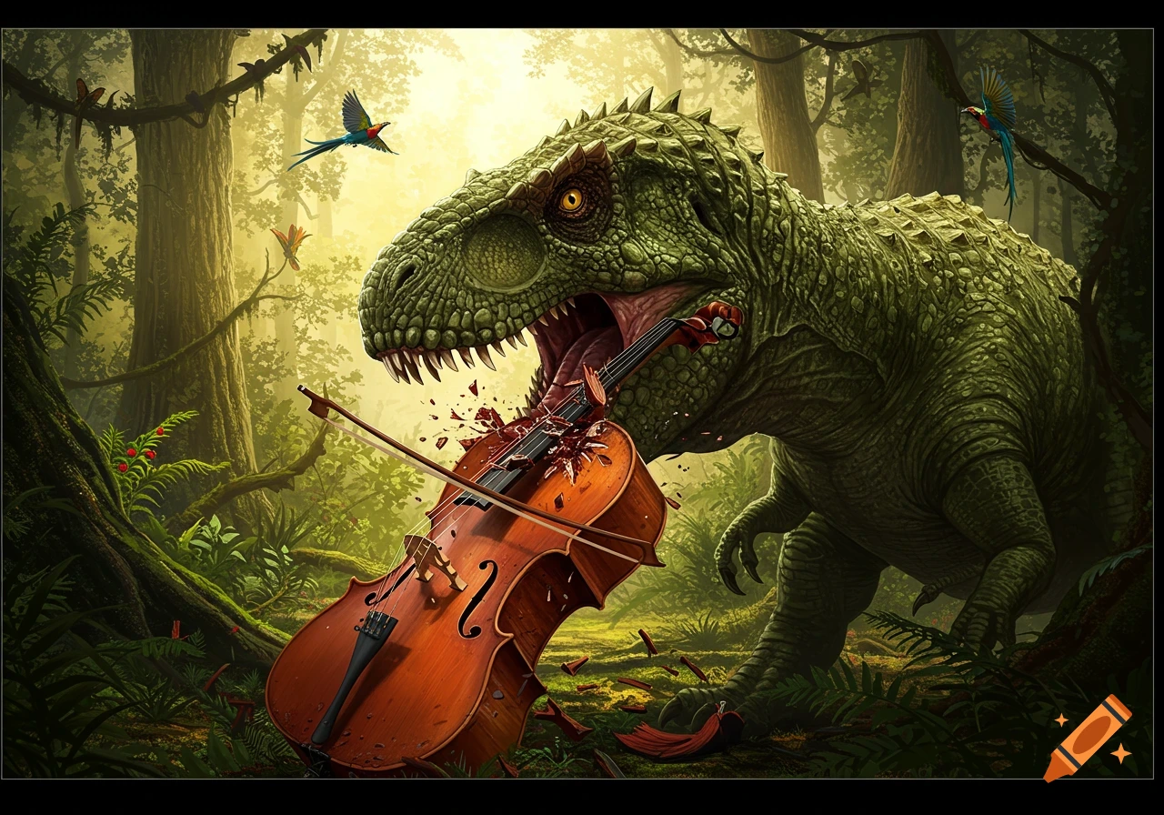 A large green dinosaur with an open mouth is eating a brown cello, breaking it into pieces, in a lush jungle setting with birds flying, in an illustrated style.