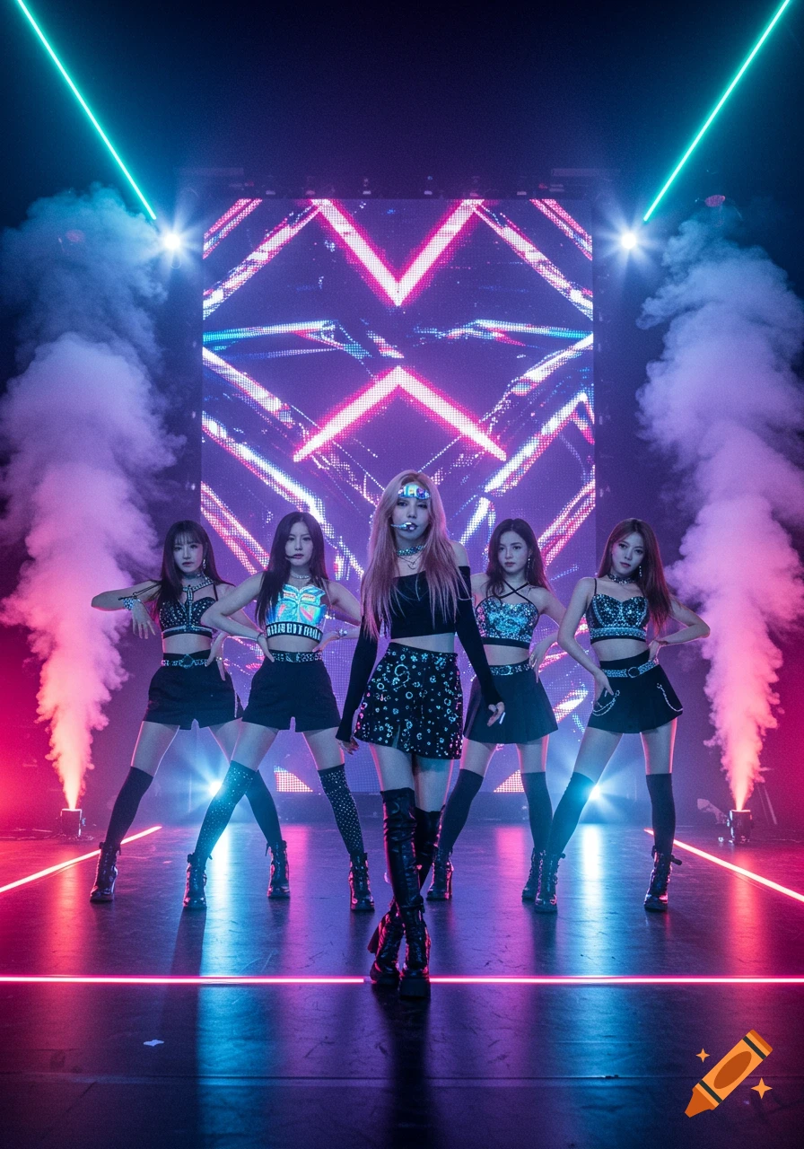 Five K-pop group members perform on a vibrant stage with neon lights, smoke, and a large LED screen.
