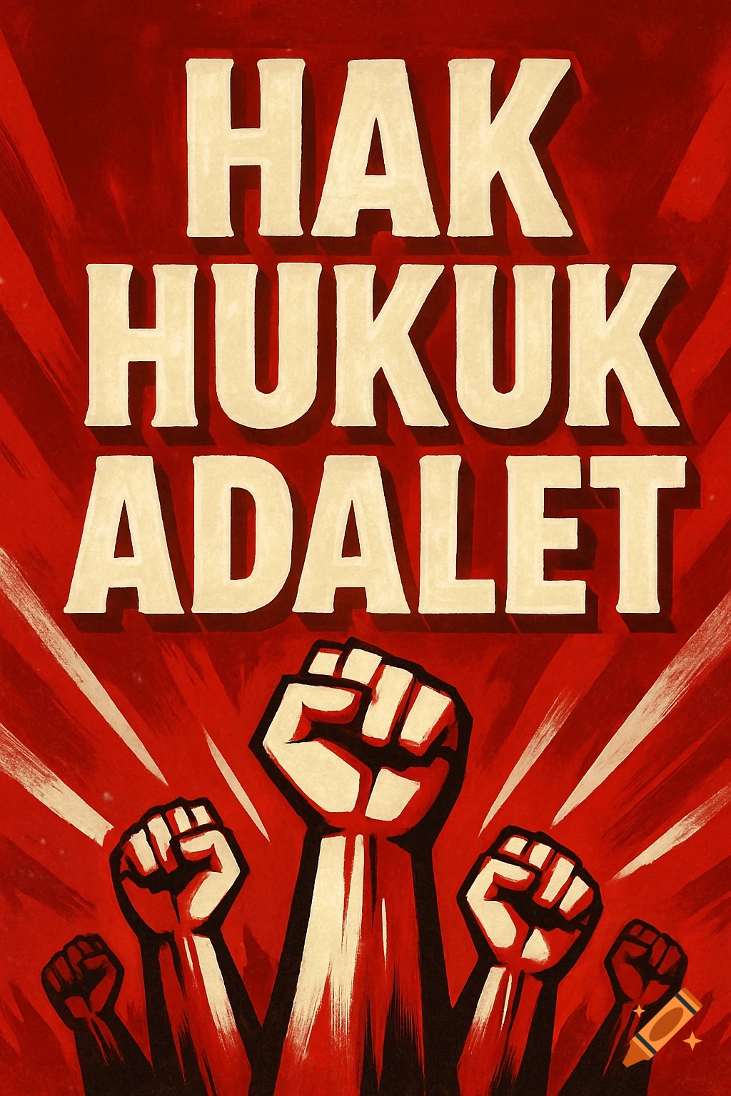 A red and white propaganda poster with 'HAK HUKUK ADALET' written in large letters above multiple raised fists.
