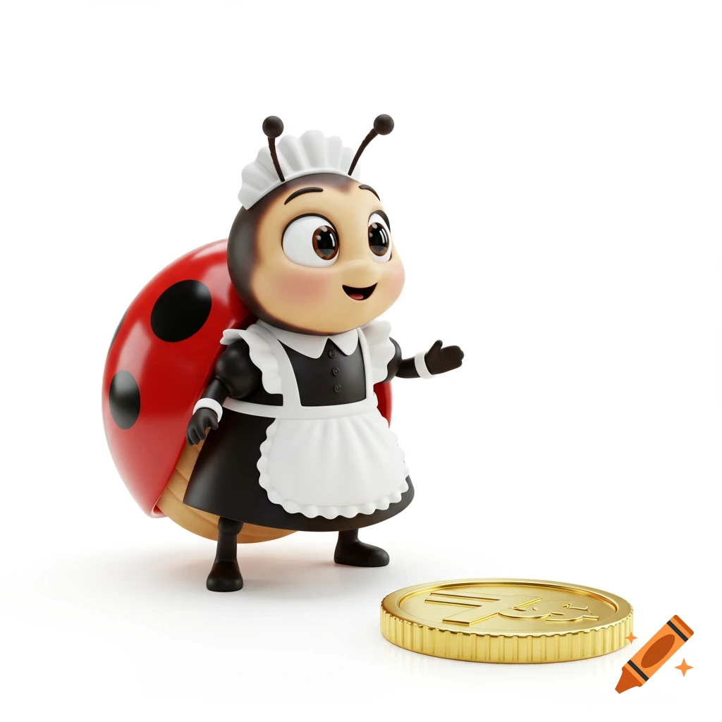 A cute, smiling 3D cartoon ladybug dressed as a maid stands next to a gold Euro coin on a white background.