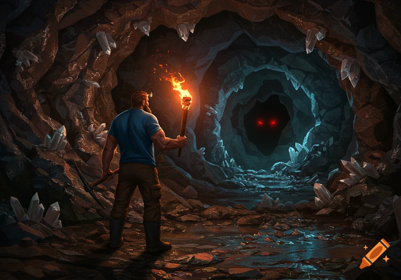 Bearded man with a torch and pickaxe explores a dark, crystalline cave, facing glowing red eyes in the distance, in a hyperrealism illustration.