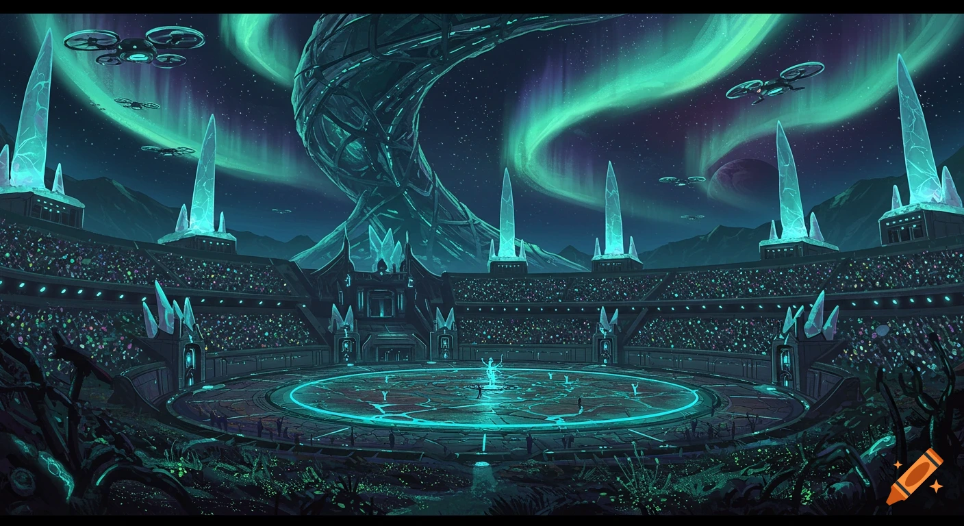 Futuristic alien arena glowing teal under an aurora sky, with crystalline spires, drones, and an alien audience.