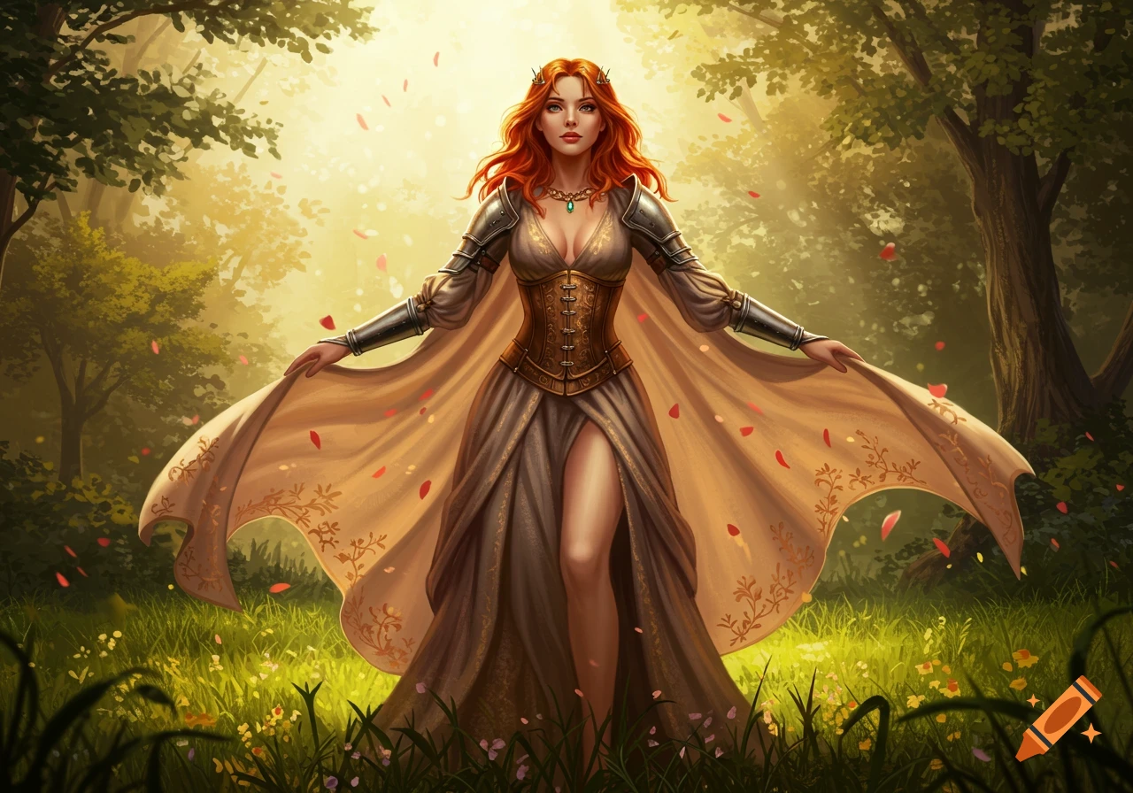 A red-haired woman in a flowing medieval fantasy gown with a corset and armored shoulders stands in a sunny forest with falling petals.