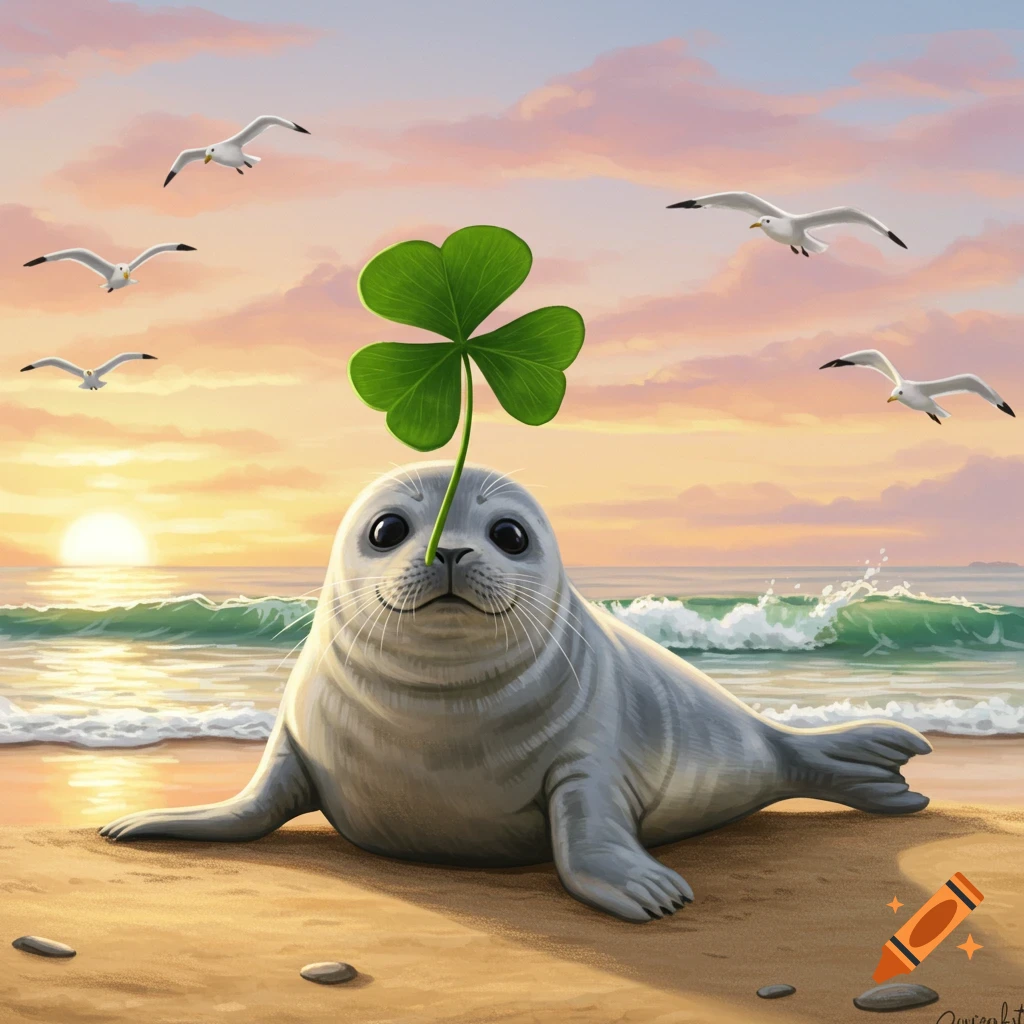A cute baby seal on a sandy beach balances a green four-leaf clover on its nose as seagulls fly over an orange and pink sunset.