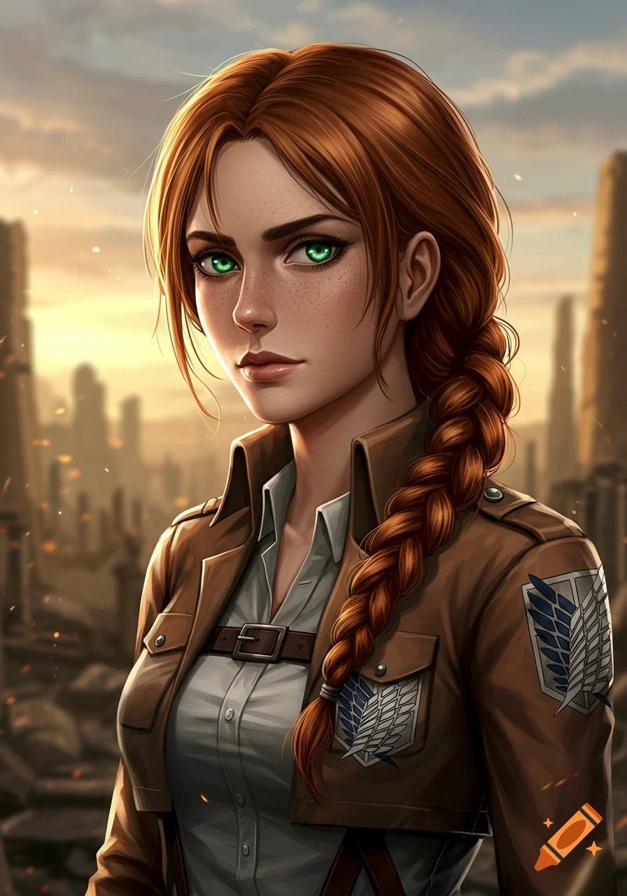 Stylized portrait of a young woman with green eyes, auburn braided hair, freckles, wearing Attack on Titan uniform, ruined city.