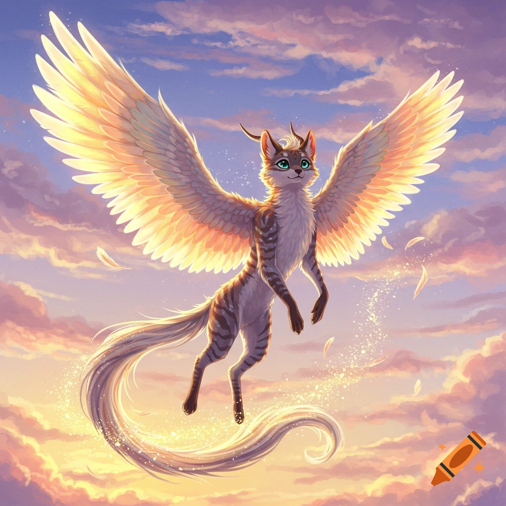 A winged, horned cat-like furry creature with green eyes flying in a vibrant sunset sky, in an anime style.