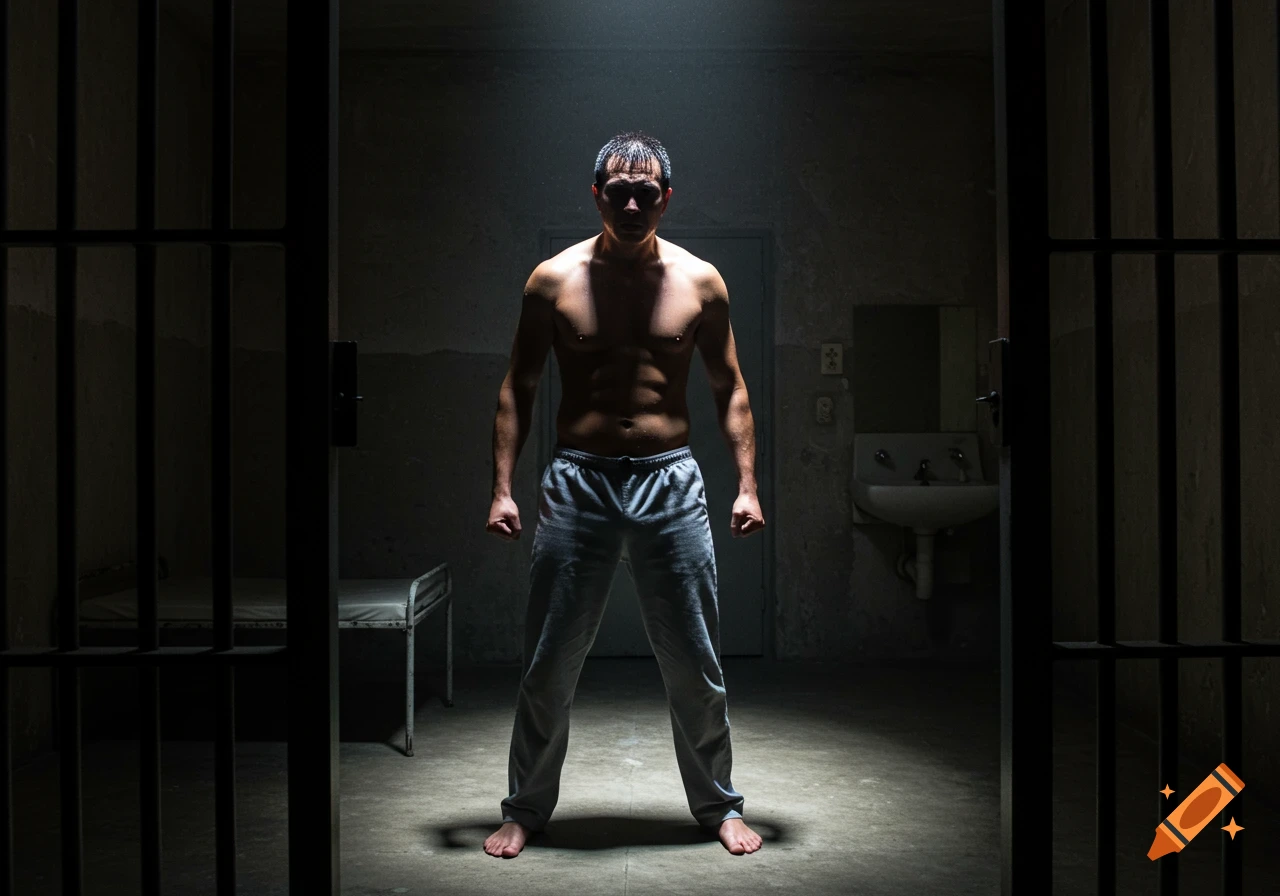 A shirtless man with clenched fists stands in a dark, dimly lit prison cell, looking determined.