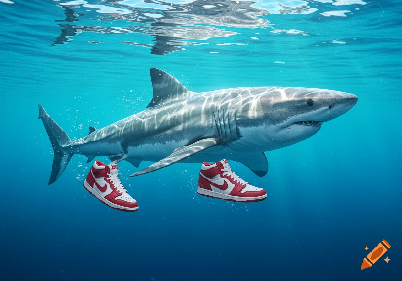 A photorealistic great white shark swimming underwater, wearing bright red and white high-top sneakers.