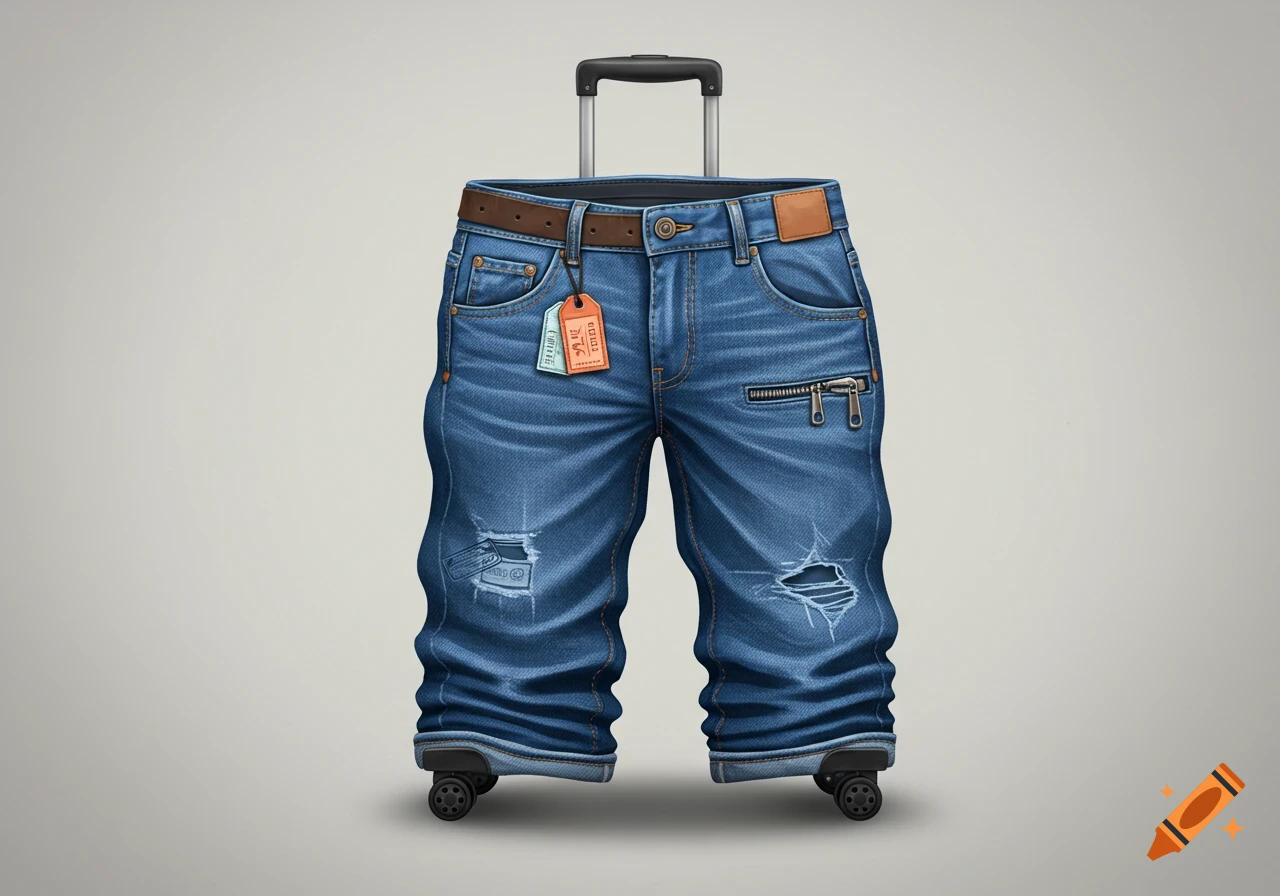 A whimsical suitcase designed to look like a pair of distressed blue jeans with a retractable handle and wheels.