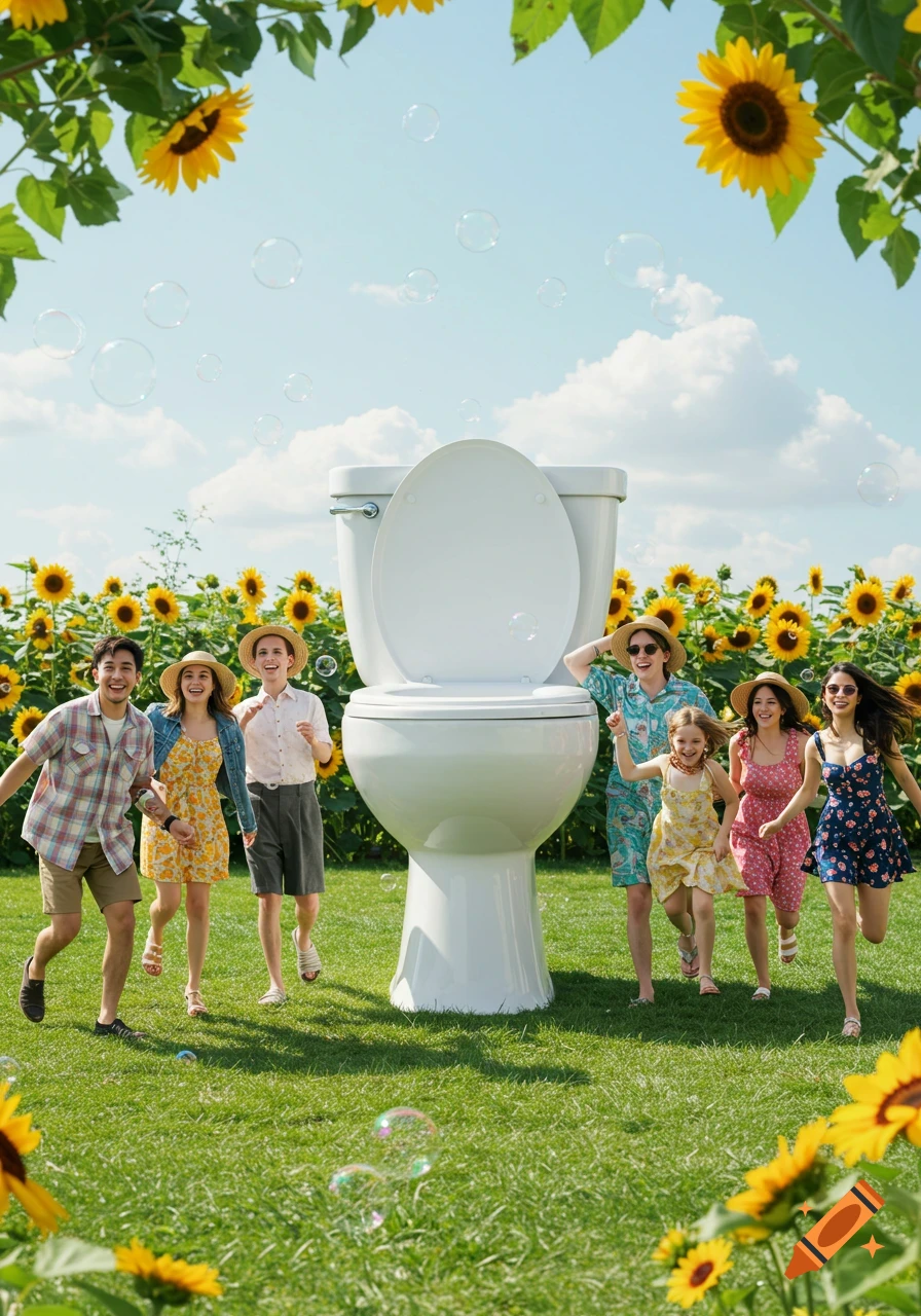 A group of happy friends run in a sunny sunflower field next to a giant white toilet, with bubbles floating in the sky.