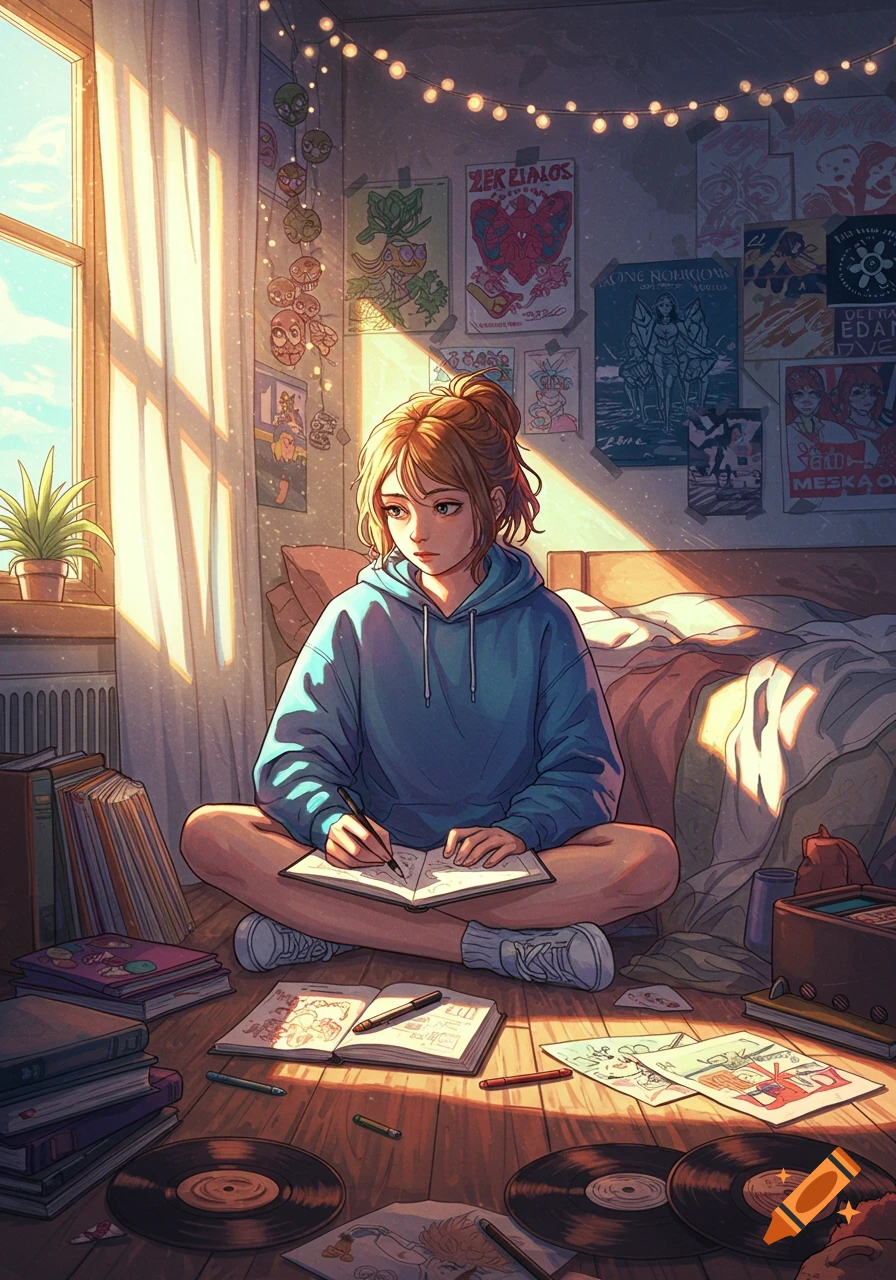 An anime-style illustration of a girl with blonde hair in a blue hoodie, sitting cross-legged on the floor of a sunlit, messy bedroom, drawing in a notebook. Vinyl records, books, and art supplies are scattered around her, and string lights and posters adorn the wall behind her.