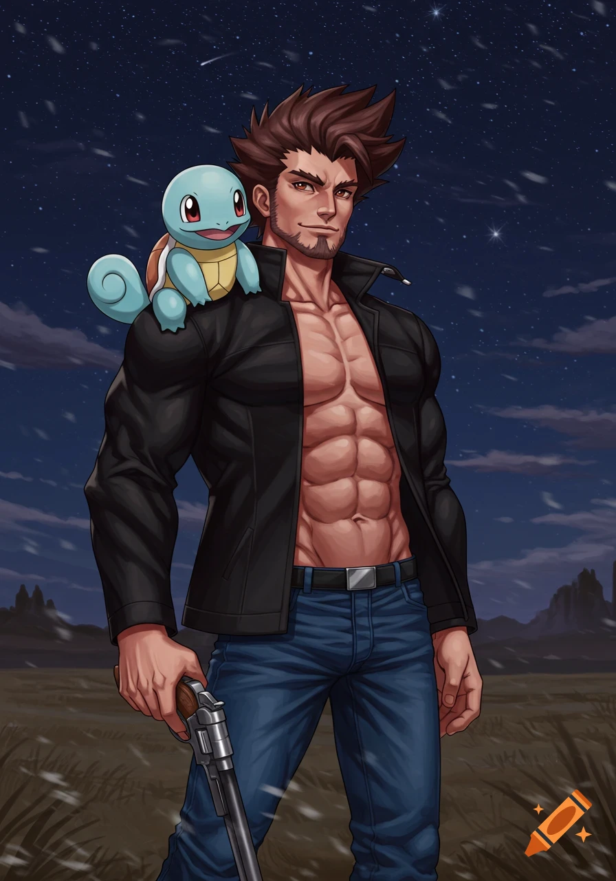 Anime art of a muscular man with spiky brown hair, open black jacket, blue jeans, holding a gun, with Squirtle on his shoulder at night.
