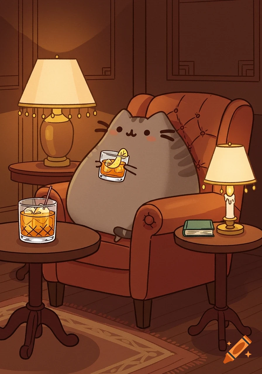Cartoon illustration of Pusheen the cat relaxing in a brown armchair, holding a cocktail with a lemon slice, surrounded by warm lamps.