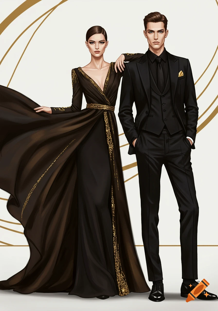 A stylized illustration of a couple in elegant black and gold high-fashion attire against a minimalist background.