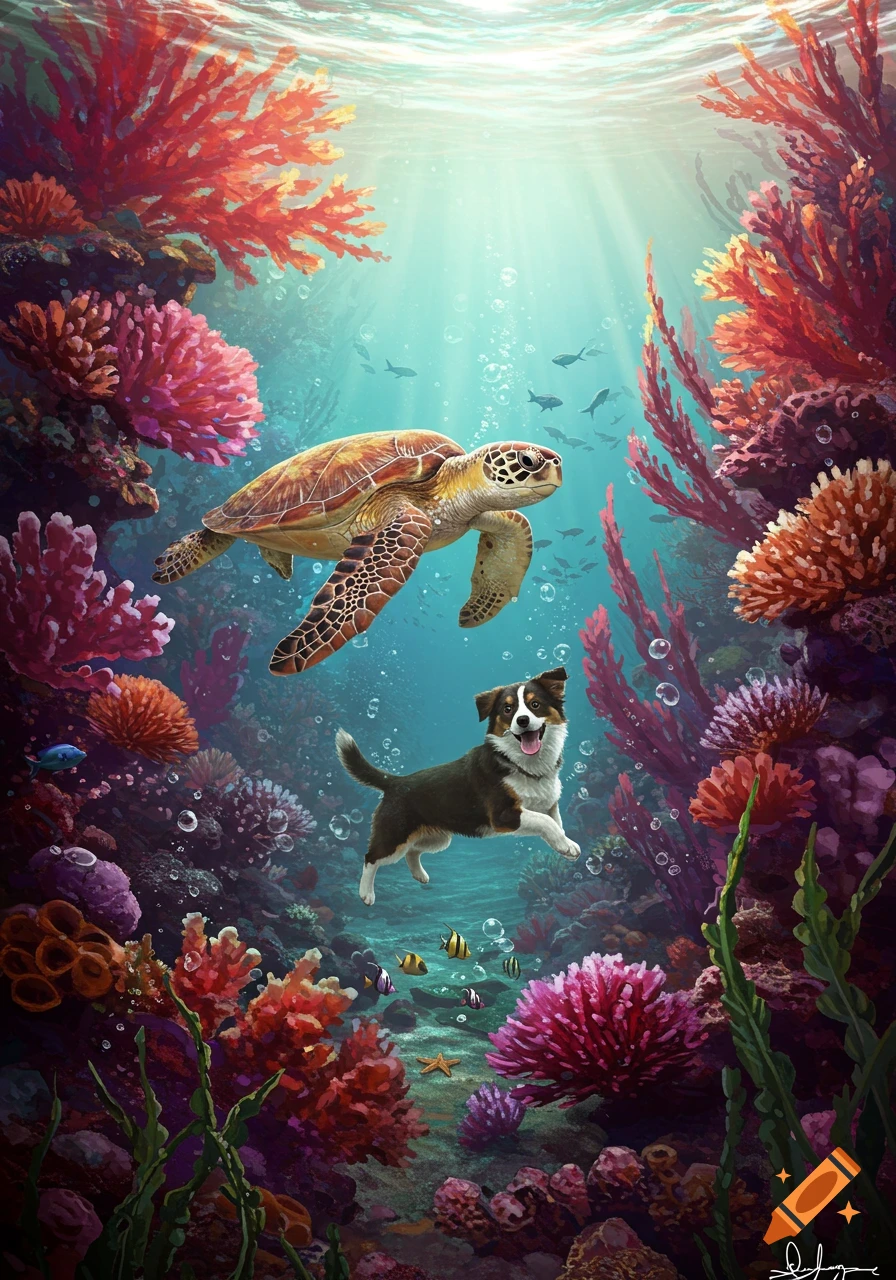 A sea turtle and a happy dog swim together in a vibrant, sunlit coral reef filled with colorful plants and fish, illustration.