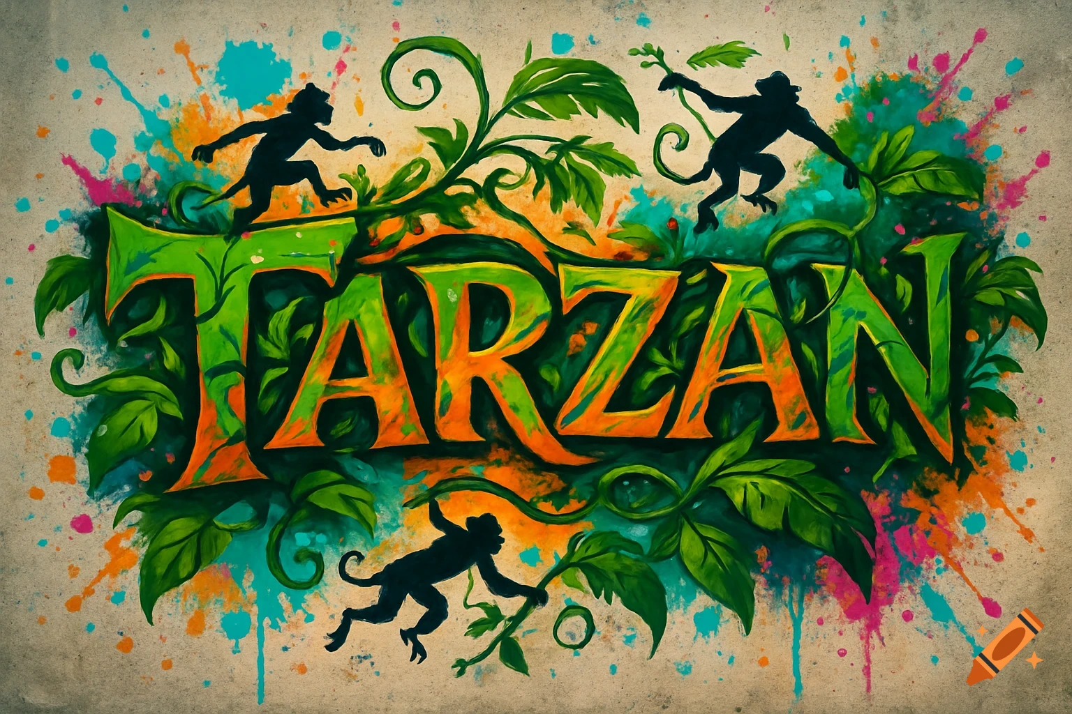 Abstract graffiti art spelling "TARZAN" in green and orange, adorned with jungle vines, monkey silhouettes, and vibrant paint splatters.