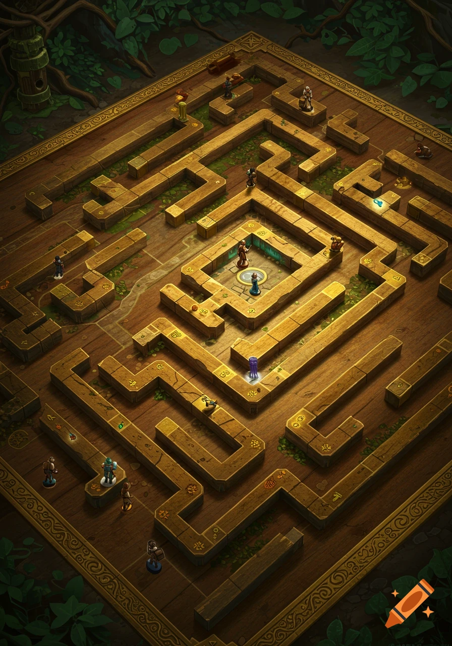 A top-down view of an intricate wooden maze board game set in a fantasy forest, with small player pieces and glowing elements.