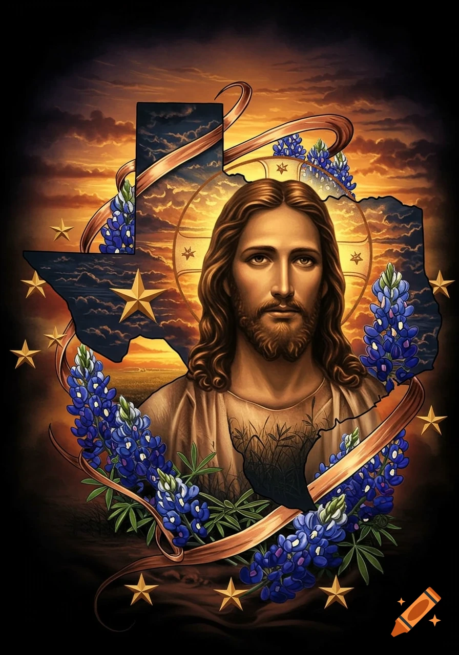 Illustrative depiction of Jesus in front of a Texas map with bluebonnets, stars, and a sunset background.