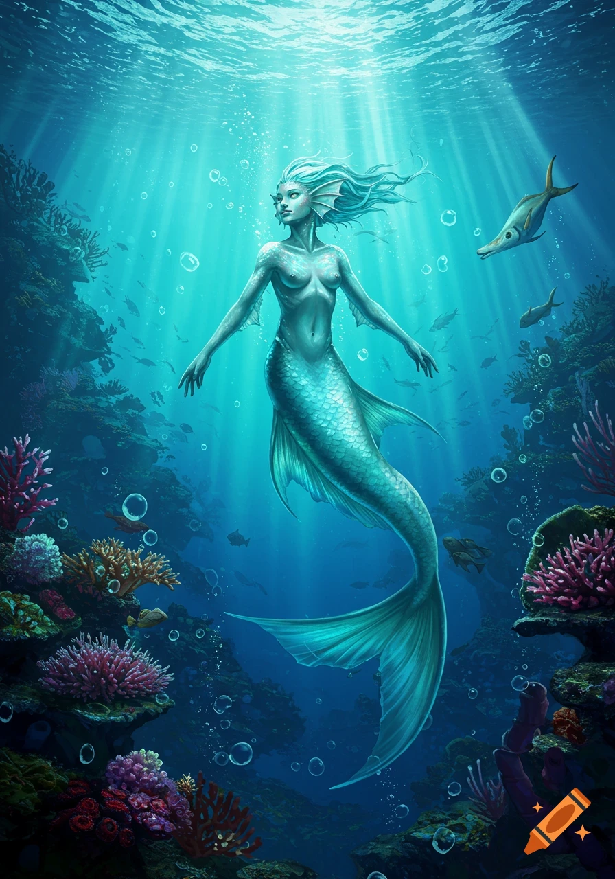 An ethereal mermaid swims gracefully amidst vibrant coral and fish in a sunlit underwater reef.