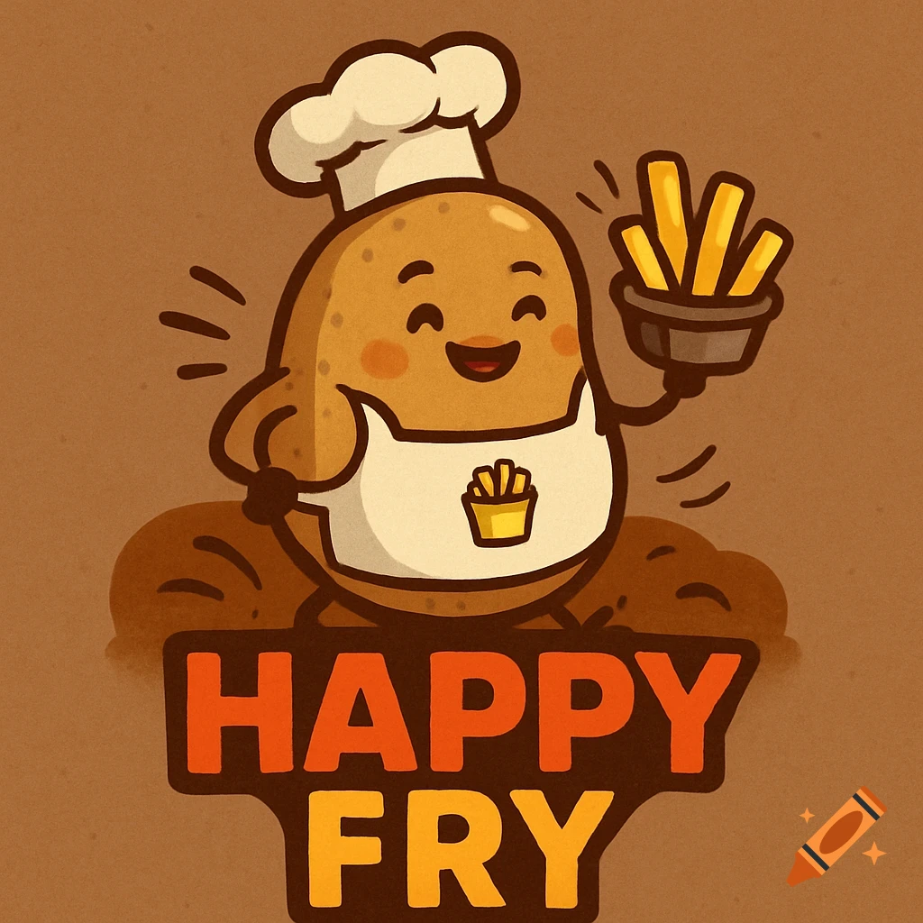 Cartoon potato chef smiling, holding french fries. Text reads 'HAPPY FRY'.