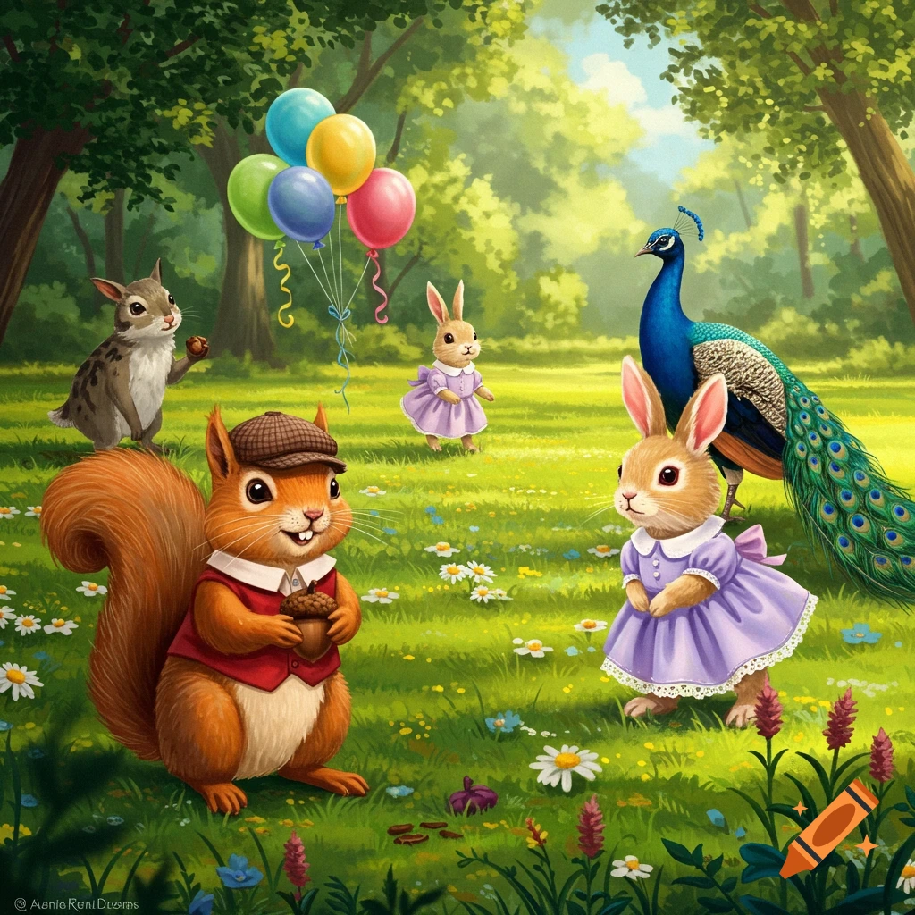 A cute anthropomorphic squirrel, rabbits, and a peacock in a vibrant, illustrated park with balloons and wildflowers.