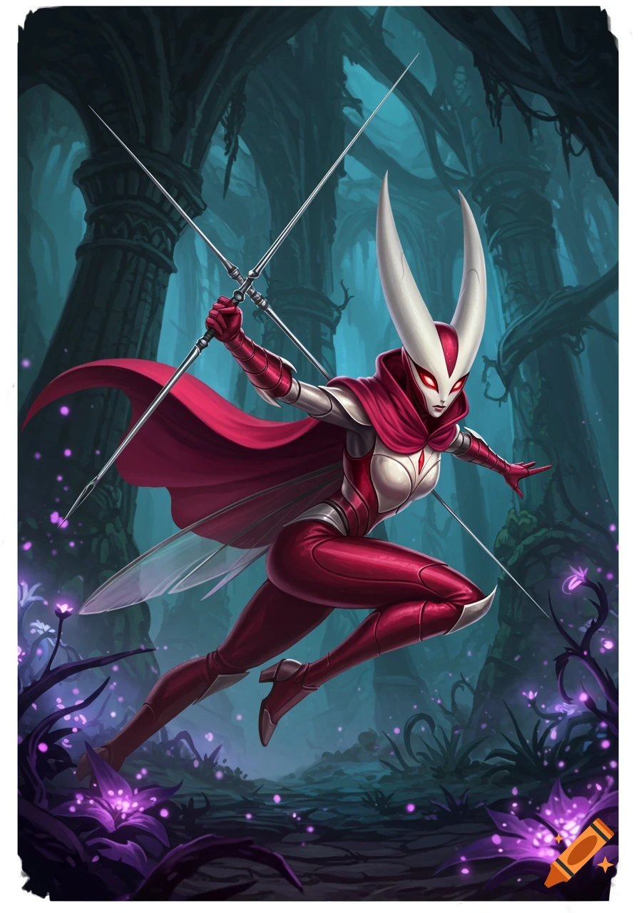 Hornet from Silk Song, a white-masked, red-armored warrior, poses with crossed needle-swords in a glowing purple forest, digital art.