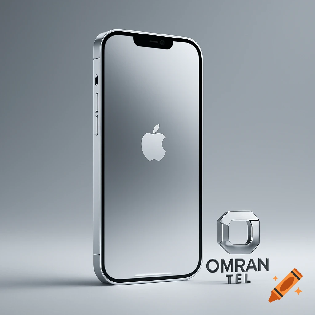 A silver smartphone with an Apple logo on its screen stands next to a metallic 3D 'OMRAN TEL' logo on a grey background.