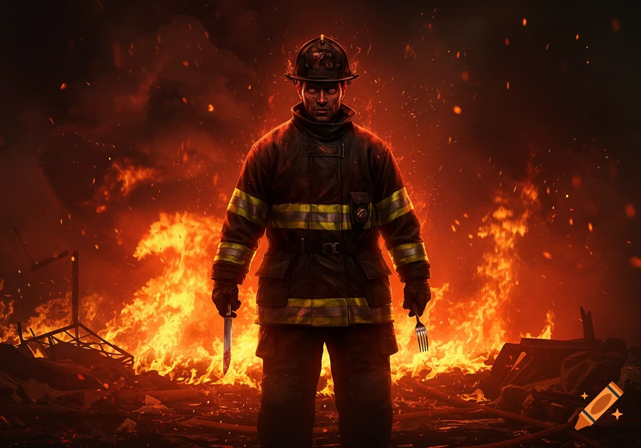 A heroic firefighter stands in a burning, ruined landscape, holding a bloody knife in one hand and a fork in the other, with an intense expression.