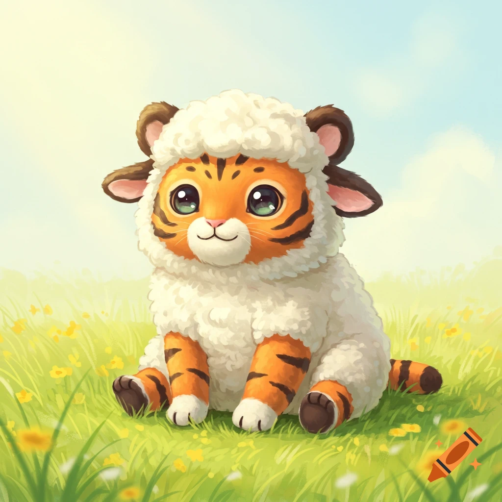A cute cartoon tiger-sheep hybrid with a fluffy white sheep body and orange tiger-striped face, legs, and tail, sits smiling in a sunny green meadow with small yellow and white flowers.