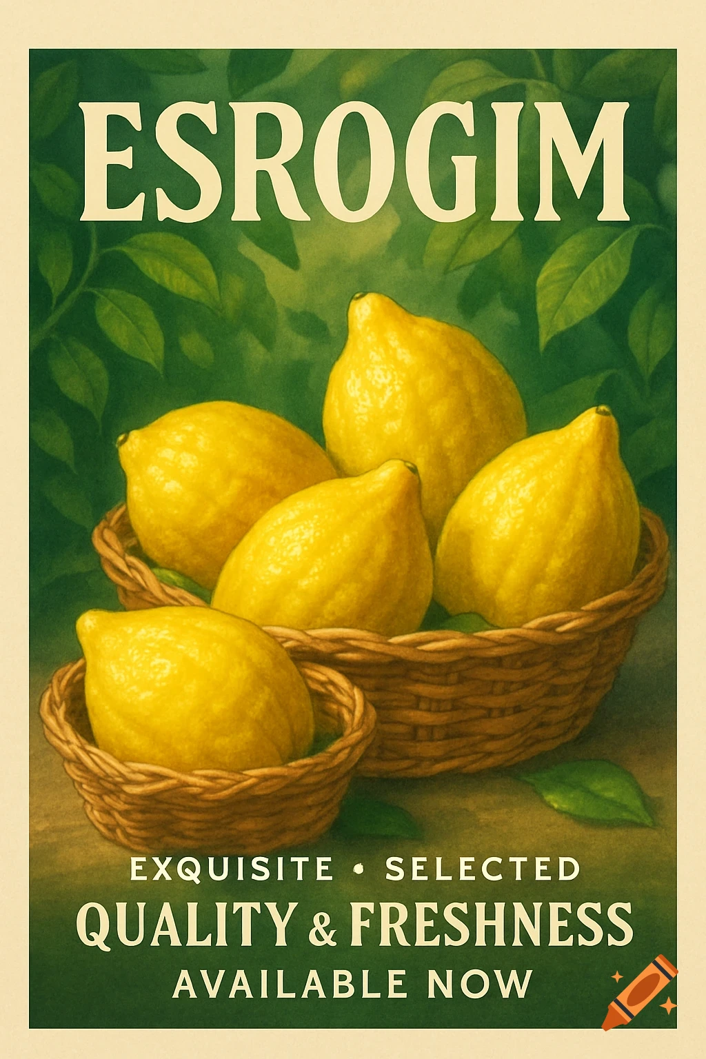 Vintage advertisement poster featuring yellow esrogim (citrons) in wicker baskets on a green leafy background with text.