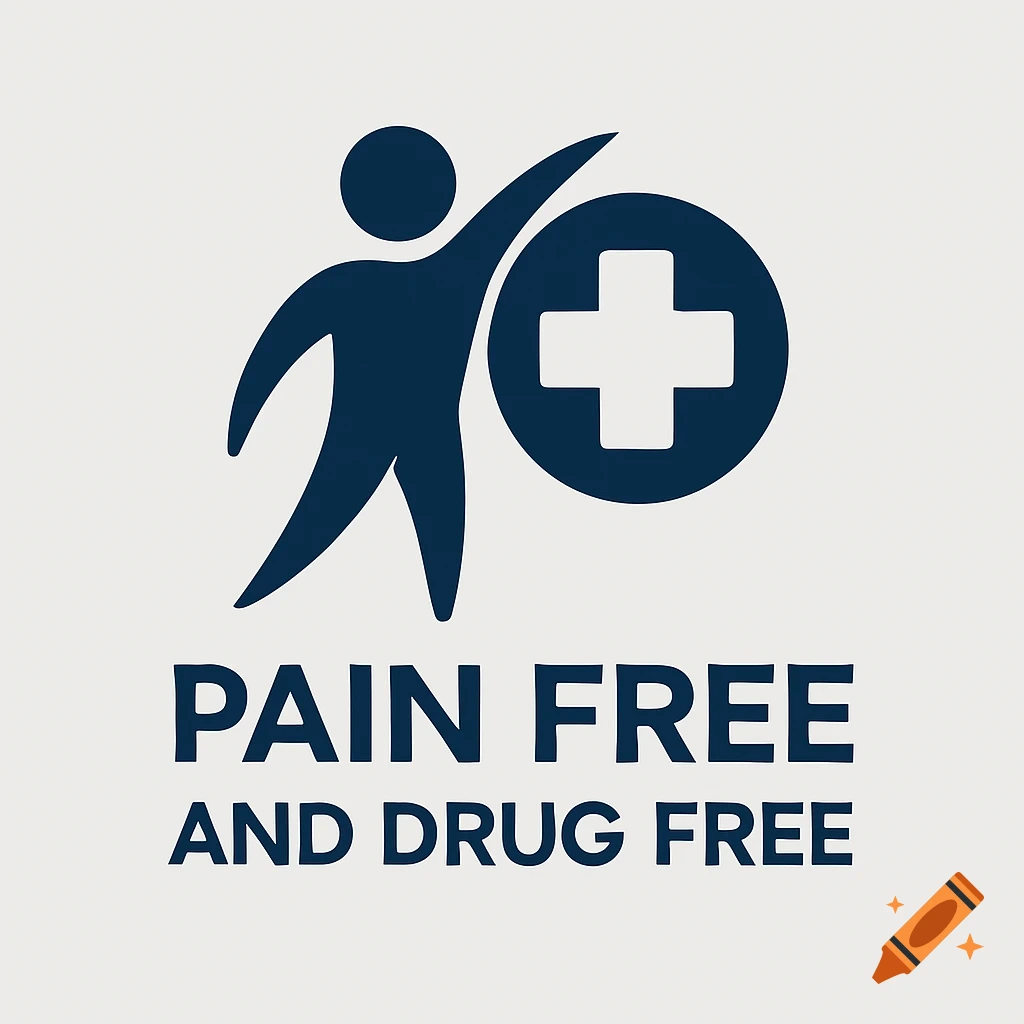 Dark blue icon of a stylized person with a raised arm next to a medical cross in a circle, with the text 'PAIN FREE AND DRUG FREE'.